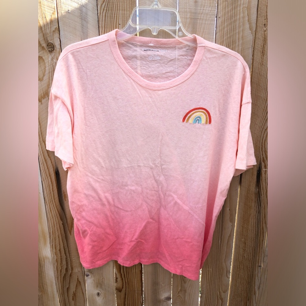 ❌American Eagle Ombre Pink Tee Knit Rainbow Patch Jr Size Small
